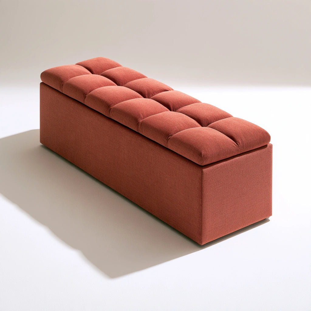 Elmbra gepolsterte graue Sitzbank mit Stauraum und Stoffbezug, rechteckig, mit tuftedem Top, ideal für Haus und Garten.